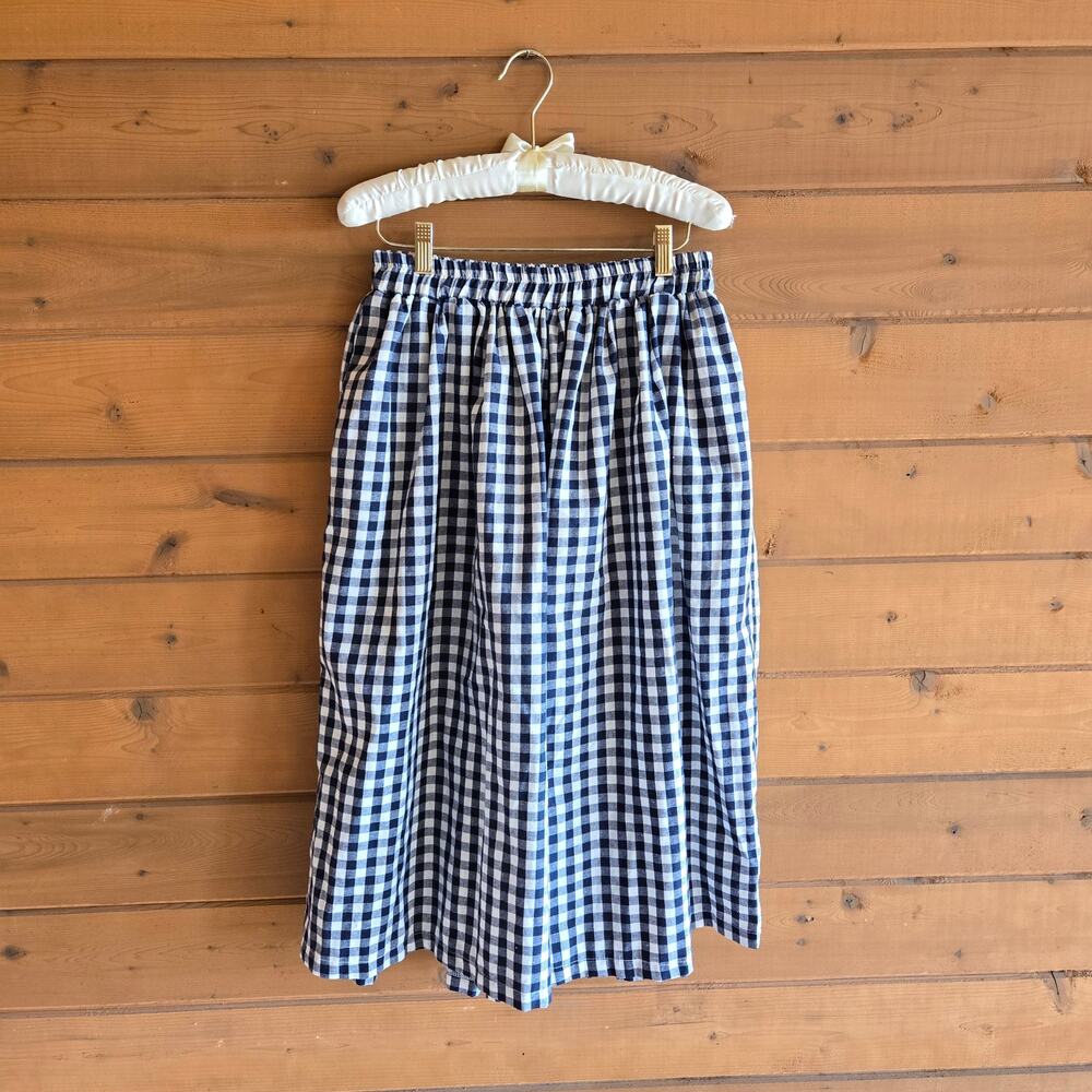 Gingham Culotte Pant Wide Leg Navy White High Waisted S/M Boho Retro Prairie - Picture 2 of 5